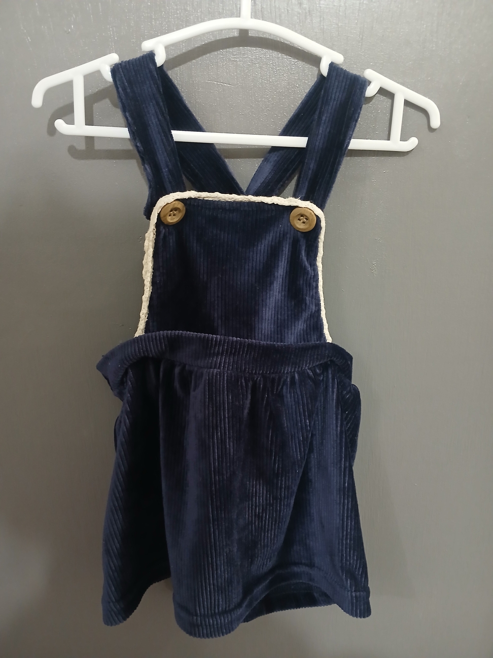Navy Corduroy Pinafore Dress with Button Straps